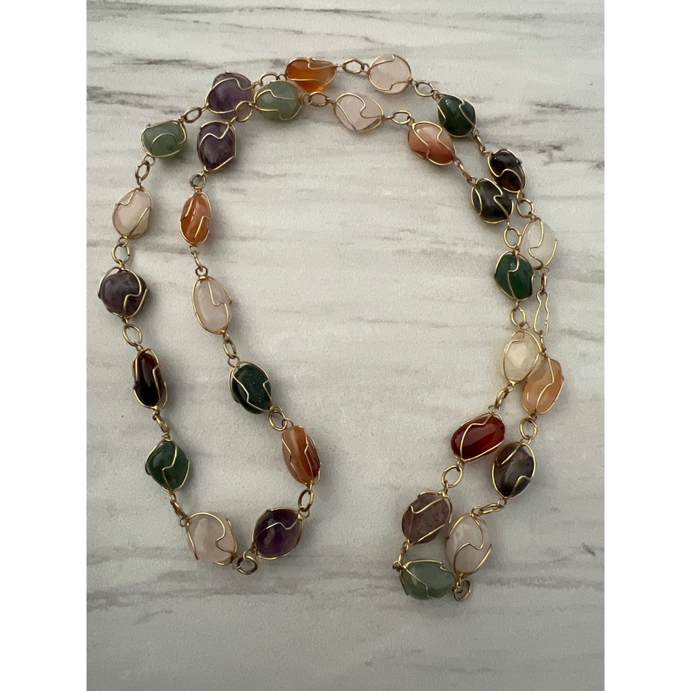 Gold Tone Wire  Wrapped Stone Necklace - Picture 2 of 5